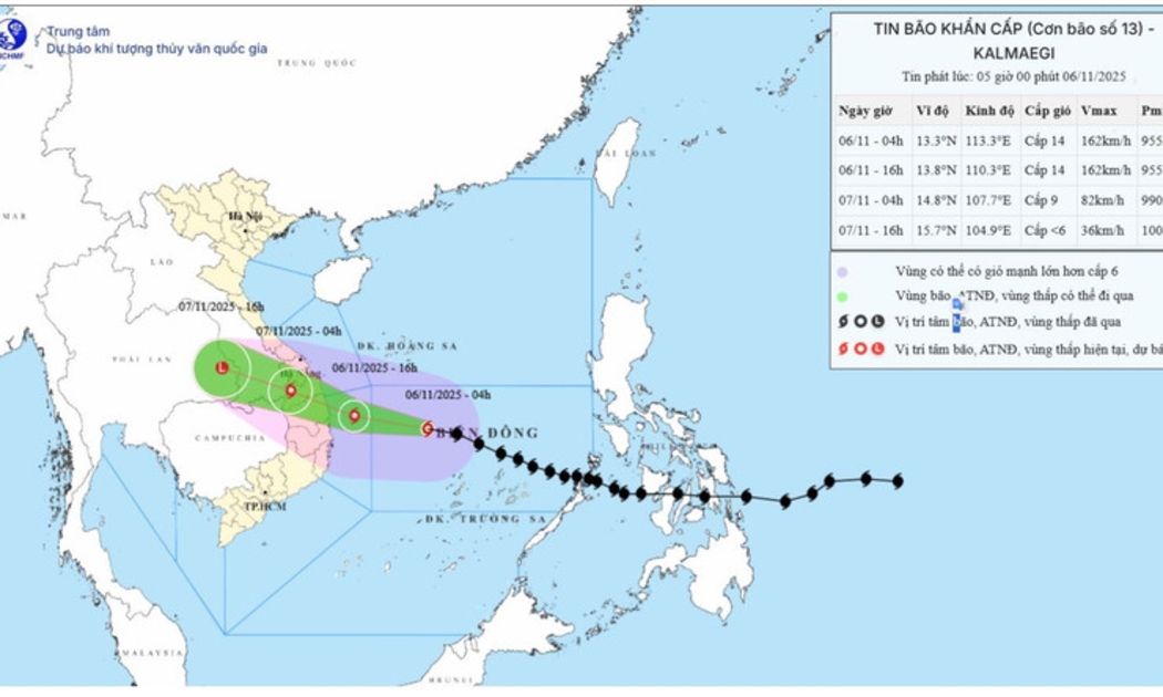 Bản đồ dự báo quỹ đạo và cường độ bão số 13 (Kalmaegi) phát lúc 5 giờ sáng 6/11/2025. Nguồn: Trung tâm Dự báo khí tượng thủy văn quốc gia