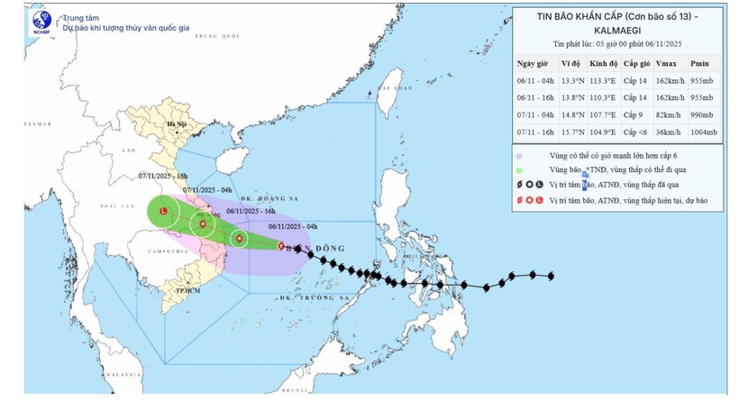 Bản đồ dự báo quỹ đạo và cường độ bão số 13 (Kalmaegi) phát lúc 5 giờ sáng 6/11/2025. Nguồn: Trung tâm Dự báo khí tượng thủy văn quốc gia