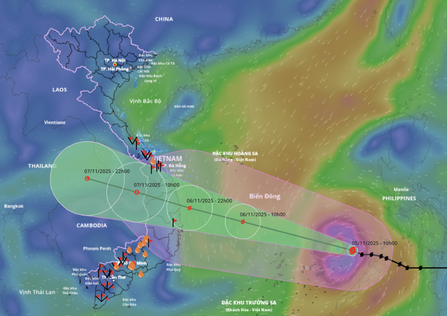 Đường đi và vị trí dự báo đổ bộ của bão Kalmaegi - Nguồn: Hệ thống giám sát thiên tai Việt Nam