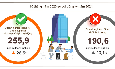 10 tháng năm 2025: Gần 256.000 doanh nghiệp gia nhập thị trường, vốn bổ sung tăng mạnh