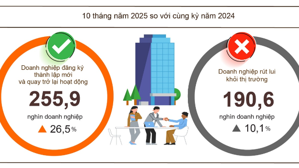 10 tháng năm 2025: Gần 256.000 doanh nghiệp gia nhập thị trường, vốn bổ sung tăng mạnh
