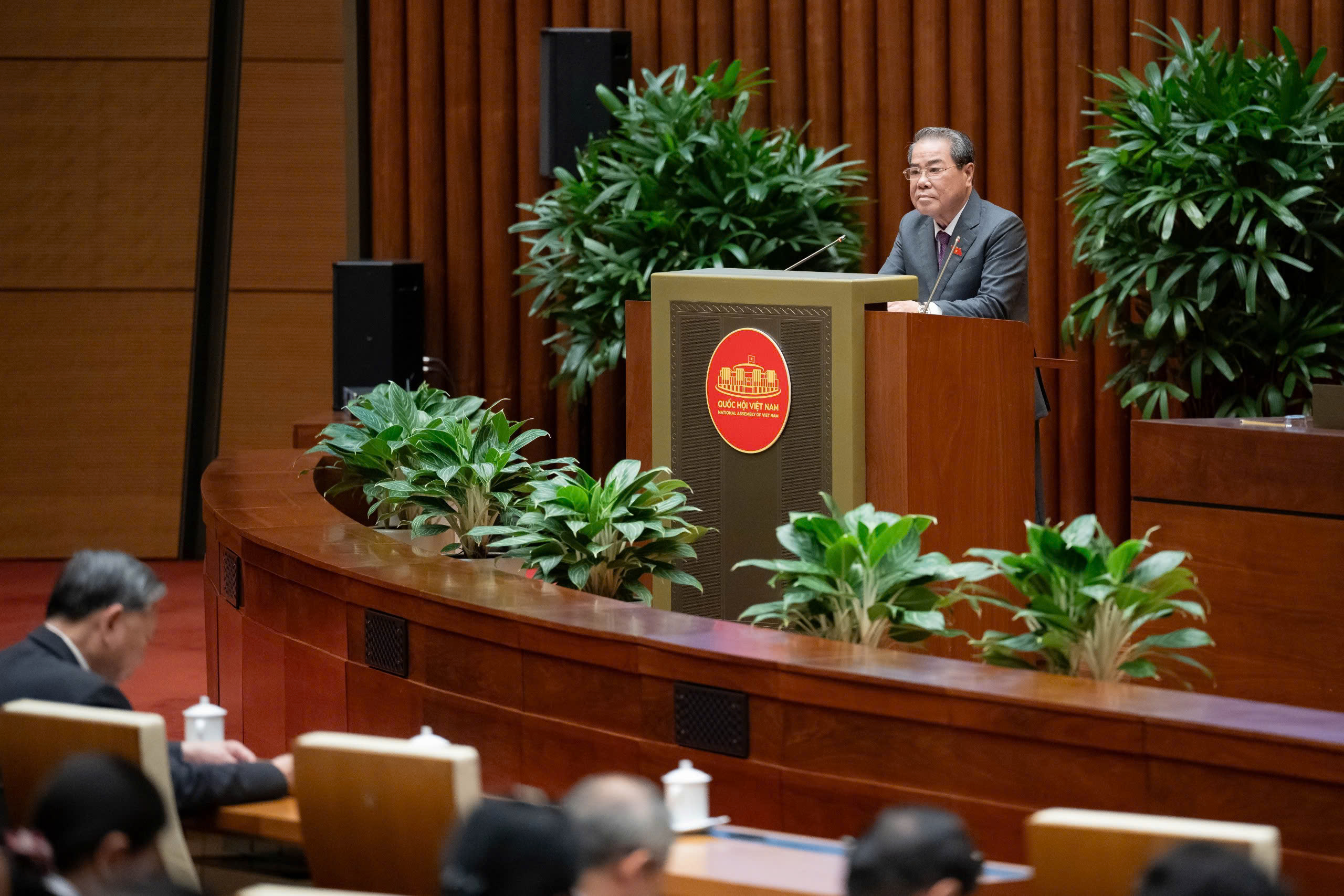 Chủ nhiệm Ủy ban Dân nguyện và Giám sát Dương Thanh Bình trình bày Báo cáo thẩm tra dự án Luật sửa đổi, bổ sung một số điều của Luật Tiếp công dân, Luật Khiếu nại, Luật Tố cáo. Ảnh: Quốc hội. 