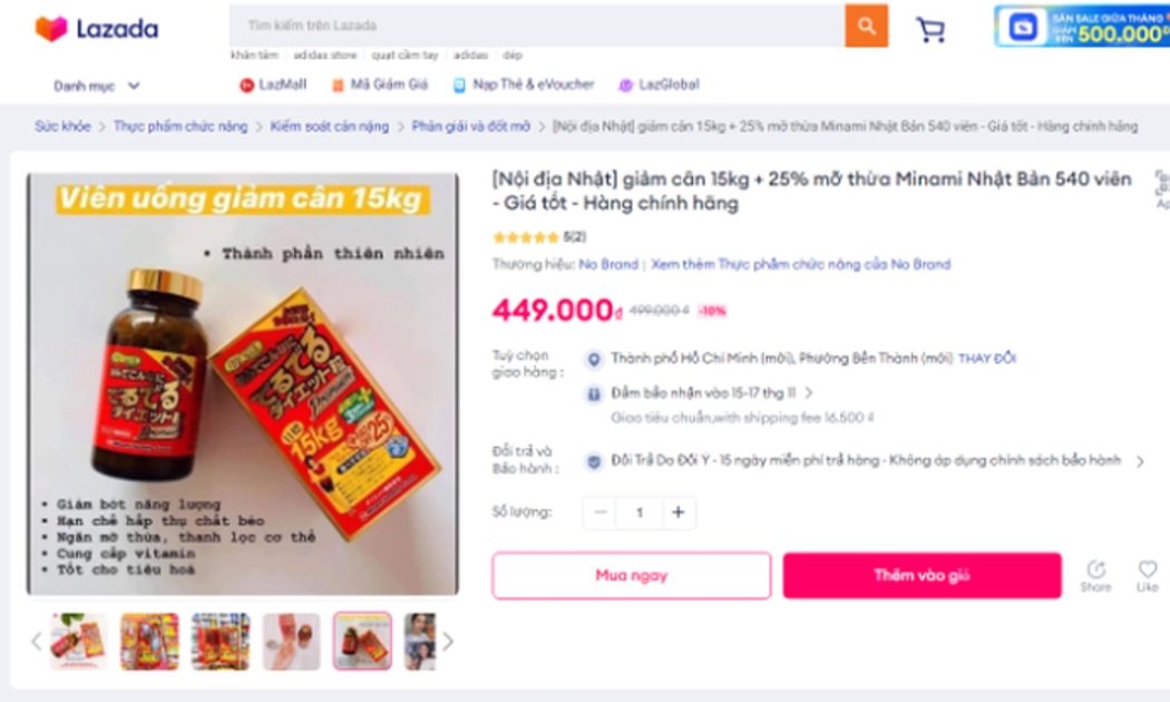 Hình ảnh quảng cáo sản phẩm viên uống giảm cân 15kg trên Lazada. Ảnh Cục An toàn thực phẩm.
