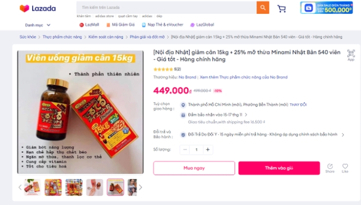 Hình ảnh quảng cáo sản phẩm viên uống giảm cân 15kg trên Lazada. Ảnh Cục An toàn thực phẩm.