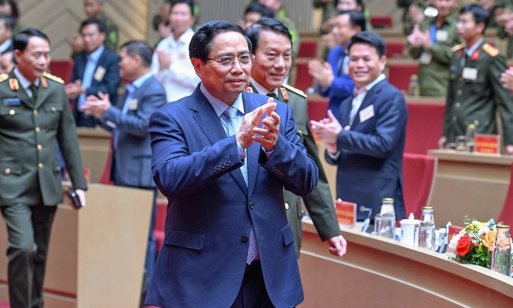 Thủ tướng Phạm Minh Chính dự Hội nghị sơ kết 1 năm triển khai lực lượng tham gia bảo vệ an ninh, trật tự ở cơ sở - Ảnh: VGP