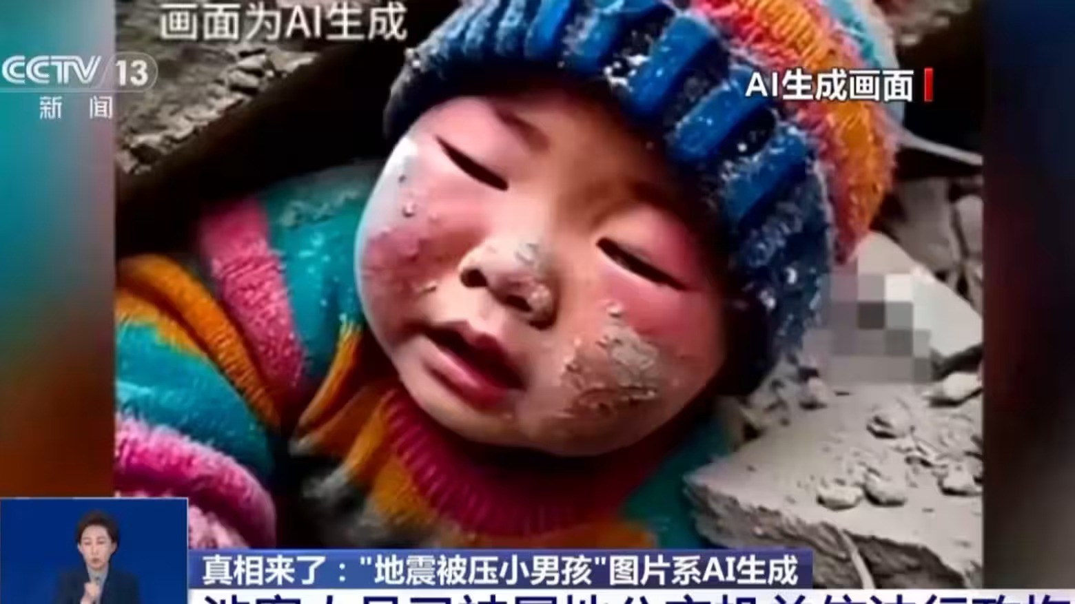Một chương trình tin tức ở Trung Quốc đưa tin rằng hình ảnh lan truyền về một em bé sống sót sau trận động đất thực chất là do AI tạo ra. Ảnh: CCTV