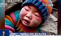 Một chương trình tin tức ở Trung Quốc đưa tin rằng hình ảnh lan truyền về một em bé sống sót sau trận động đất thực chất là do AI tạo ra. Ảnh: CCTV