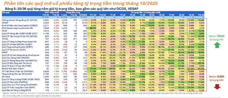 Các quỹ cổ phiếu quy mô lớn hơn 1.000 tỷ đều thận trọng gia tăng tiền mặt