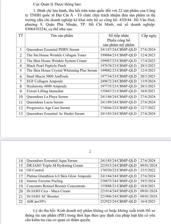 Cục Quản lý dược thông báo đình chỉ lưu hành, thu hồi trên toàn quốc 22 sản phẩm mỹ phẩm. Nguồn: DAV.gov.vn