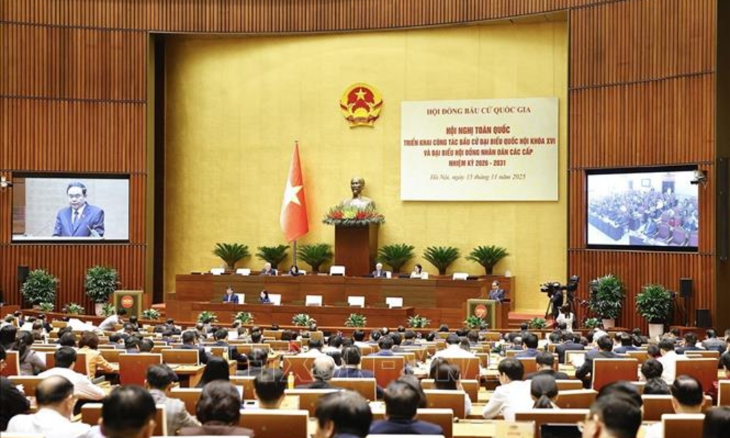 Chủ tịch Quốc hội Trần Thanh Mẫn, Chủ tịch Hội đồng Bầu cử Quốc gia phát biểu khai mạc Hội nghị. Ảnh: TTXVN.