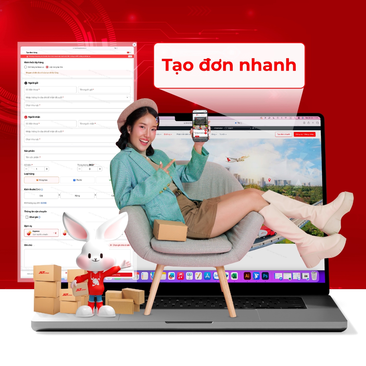 Khách hàng có thể thuận tiện tạo đơn hàng nhanh chóng và trực tiếp trên website chính thức của J&T Express.