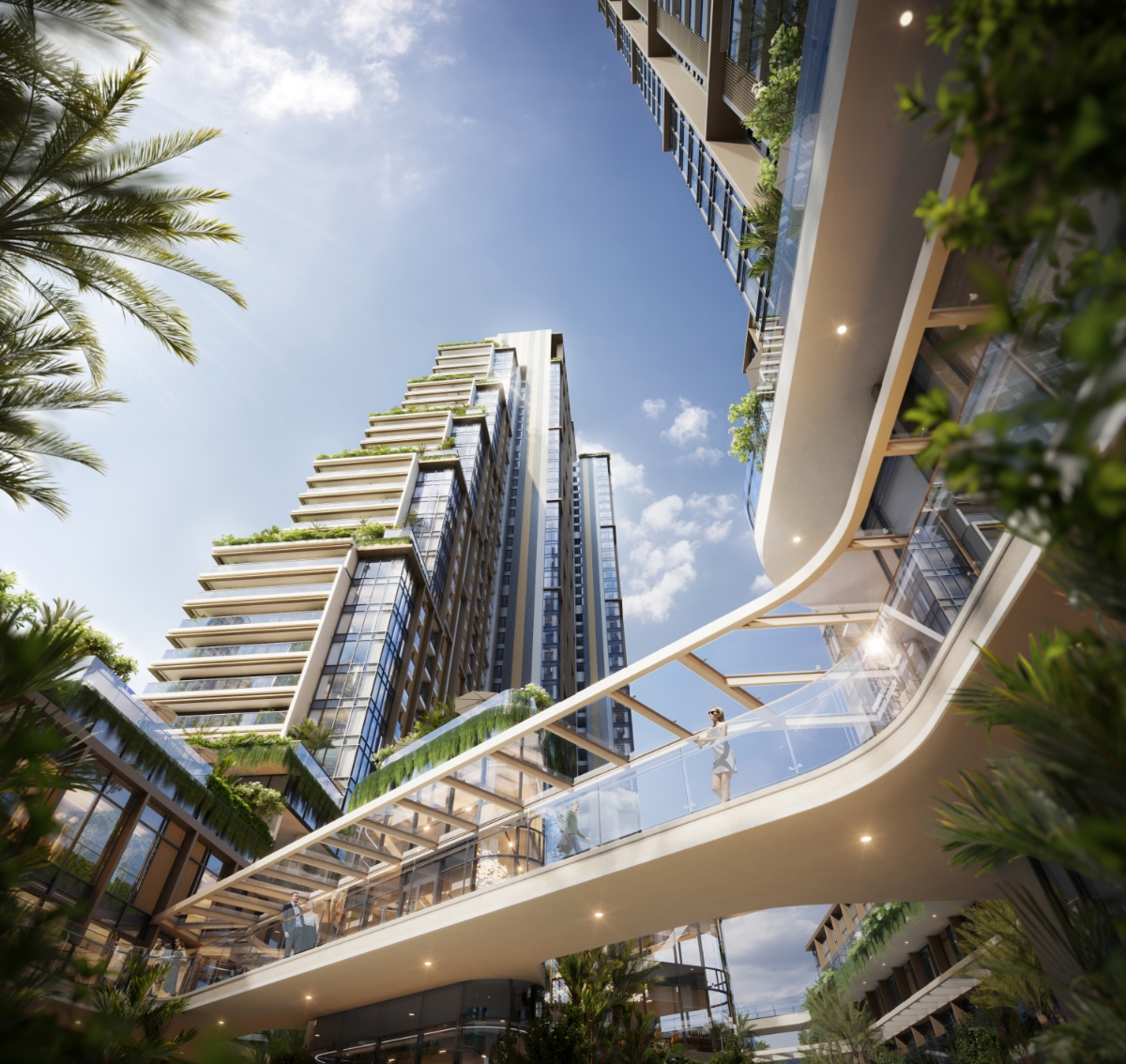 Cầu cảnh quan kết nối hai tòa tháp nằm tại tầng 4, đón trọn những góc nhìn đẹp nhất hướng ra vịnh - hồ - phố, đan xen khéo léo cùng những khoảng sân vườn và tiện ích xanh mát.