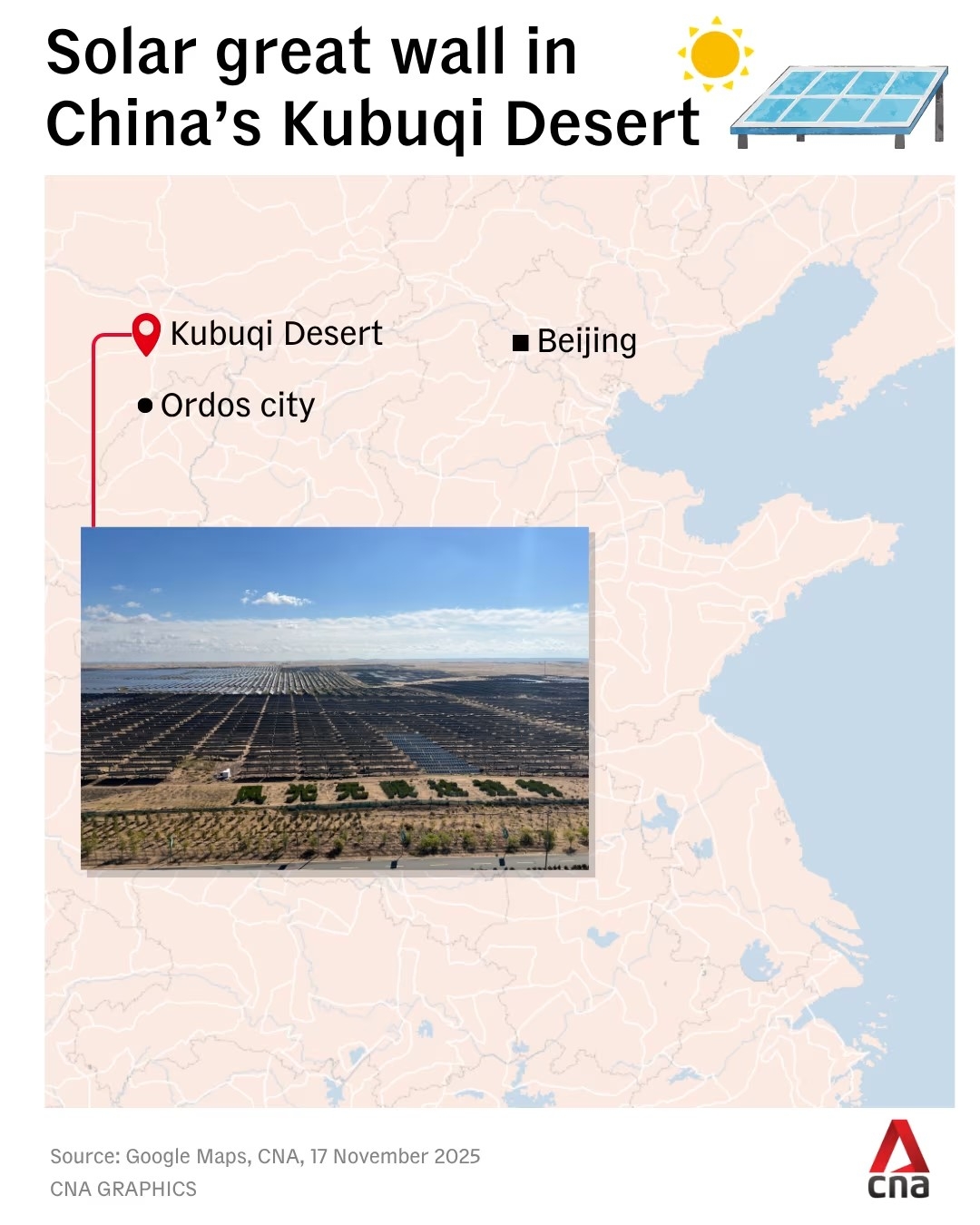 Vạn Lý Trường Thành Mặt Trời tại sa mạc Kubuqi. (Nguồn: Google Map CAN Graphics)