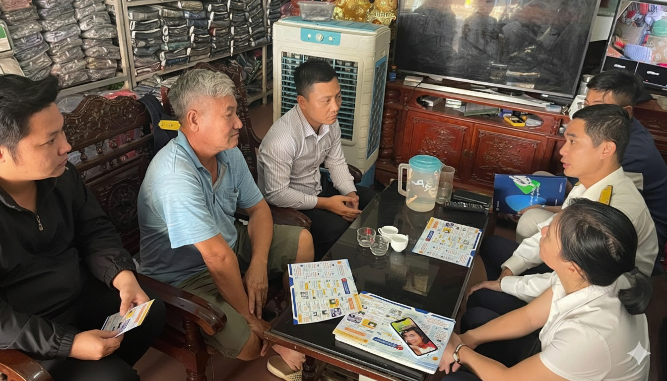 Nhân viên VNPT phối hợp cán bộ Thuế hướng dẫn Hộ kinh doanh tự kê khai Thuế ở xã Gia Lộc - Hải Phòng.