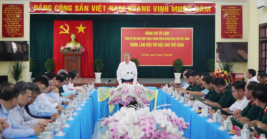 Tổng Bí thư Tô Lâm phát biểu tại đặc khu Thổ Châu. Ảnh: TTXVN