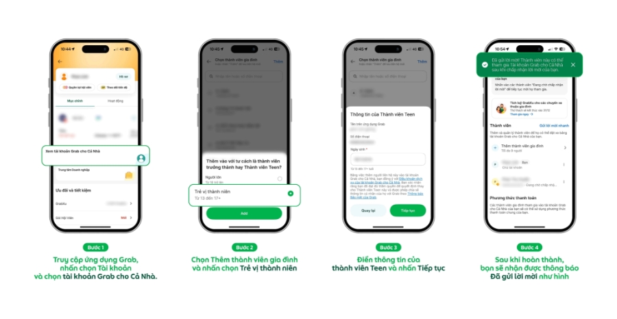 Người dùng có thể thêm thành viên teen vào tài khoản Grab cho Cả Nhà bằng các thao tác đơn giản.