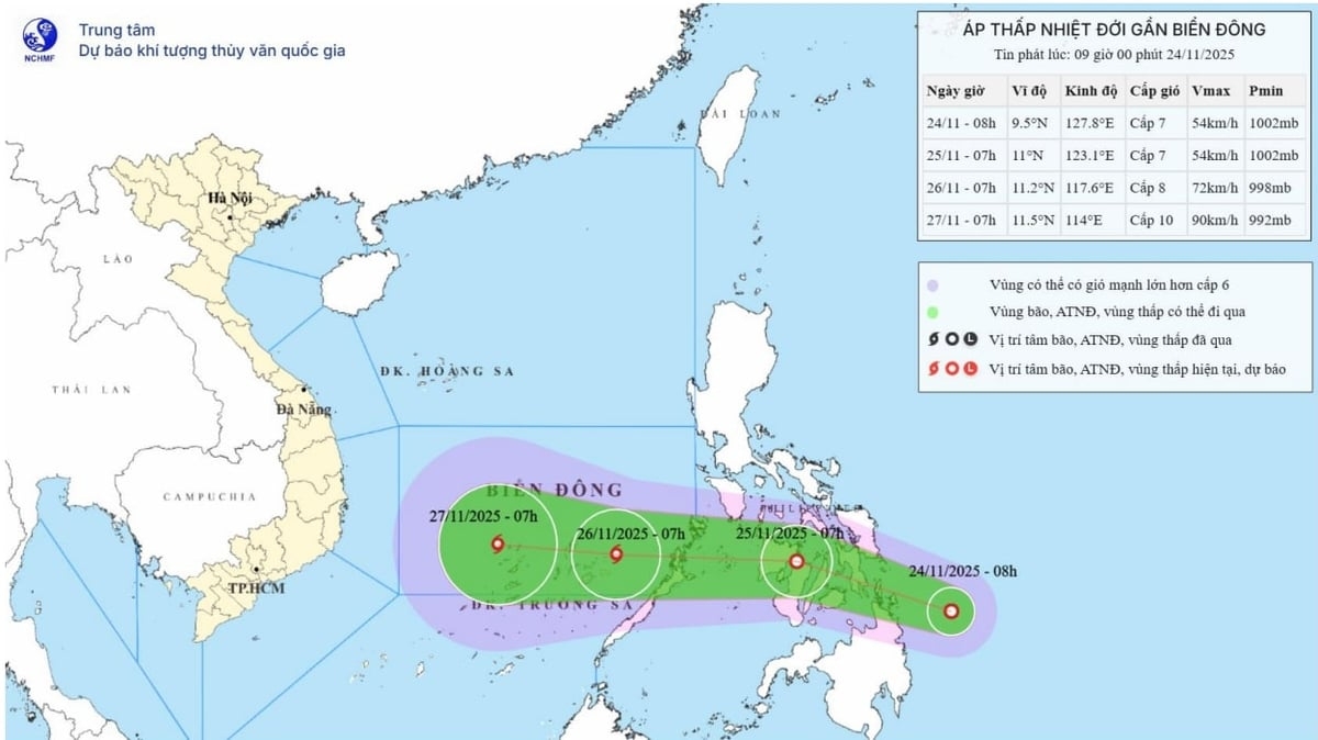 Bản đồ dự báo quỹ đạo và cường độ áp thấp nhiệt đới phát lúc 9h ngày 24/11/2025.