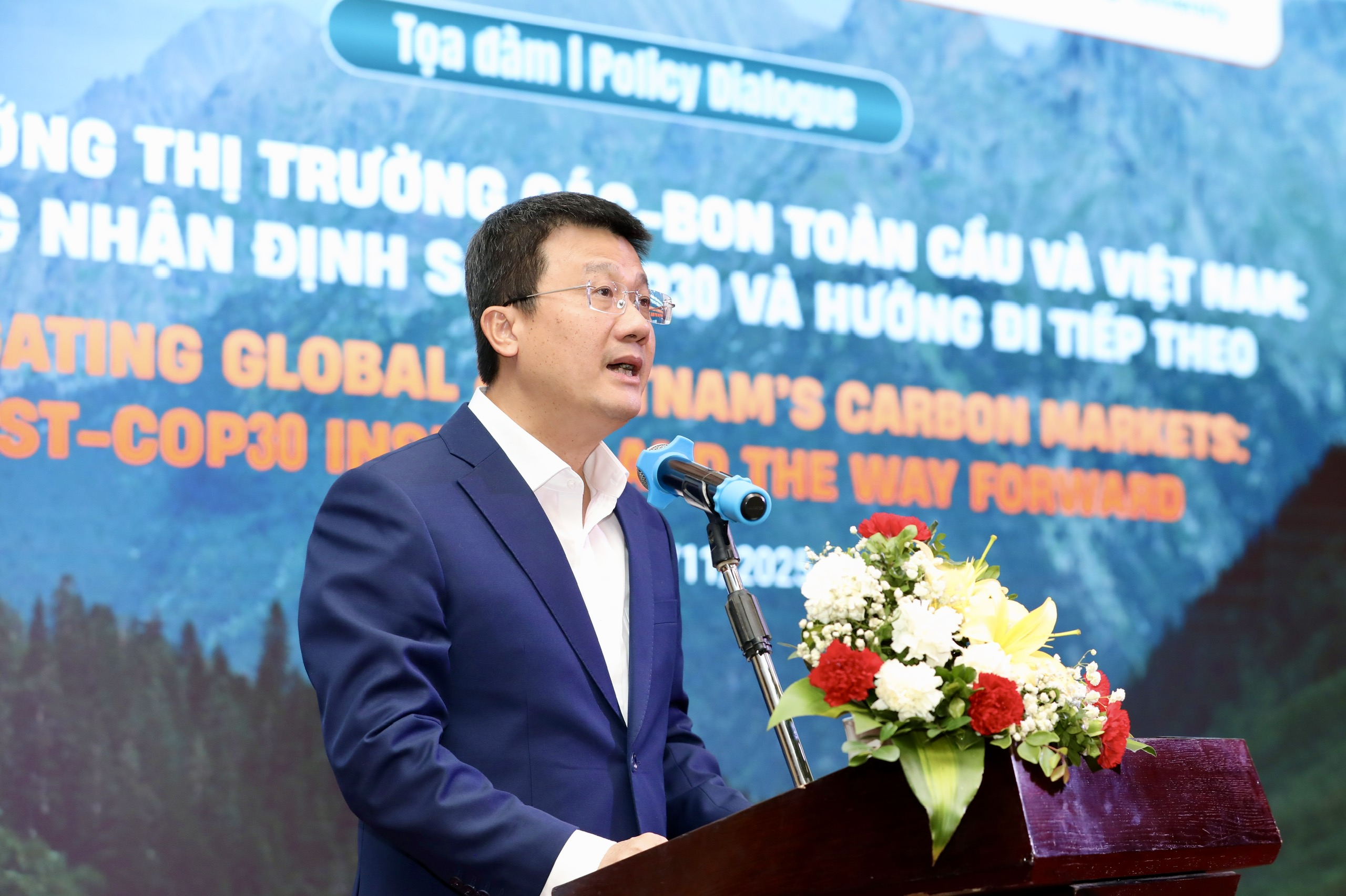 Ông Nguyễn Tuấn Quang, Phó Cục trưởng Cục Biến đổi Khí hậu, Bộ Nông nghiệp và Môi trường, nhấn mạnh tầm quan trọng của phát triển thị trường carbon tại Việt Nam sau Hội nghị COP30. (Ảnh: Việt Dũng)