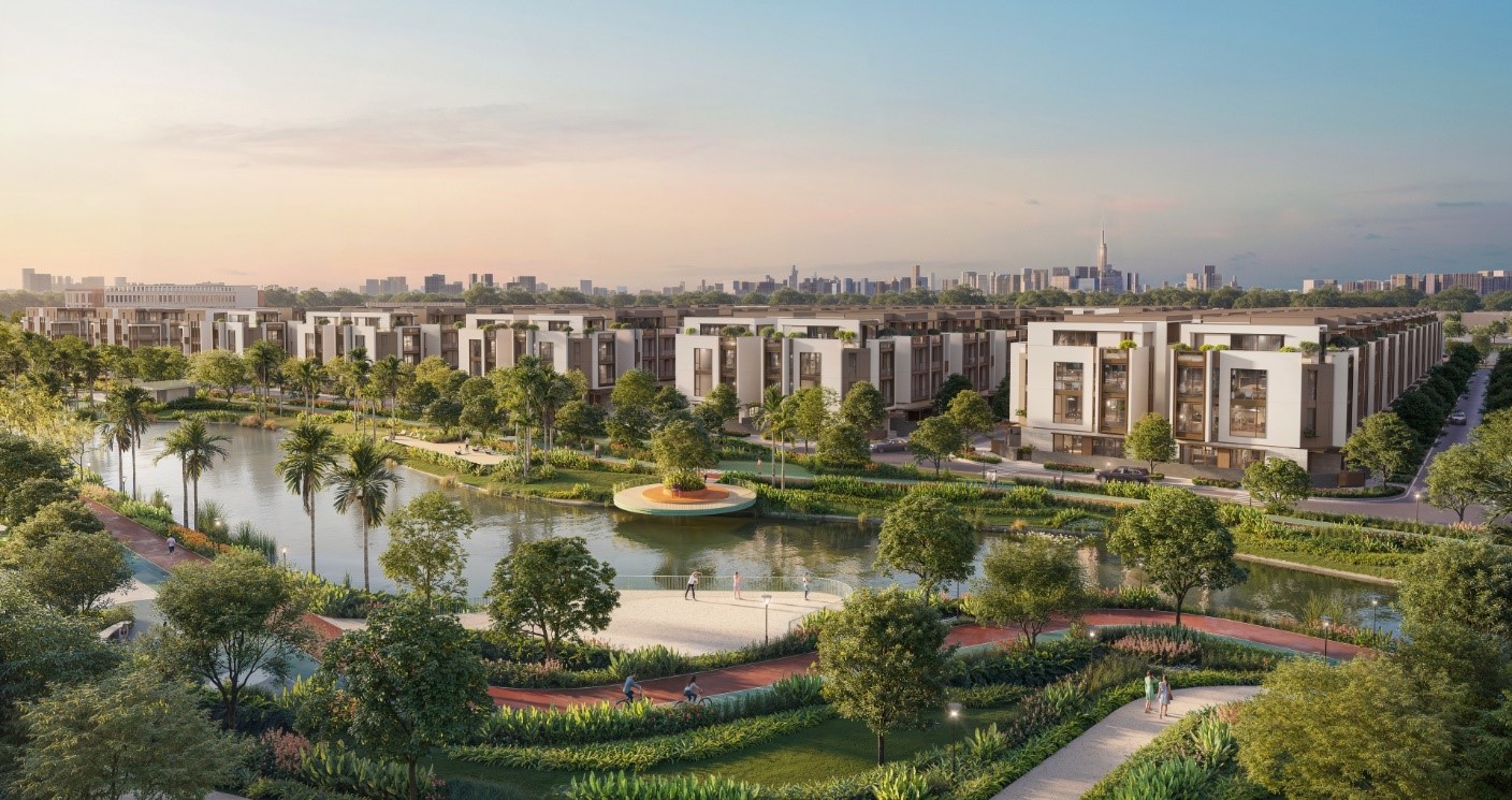 Không gian nội khu của bán đảo SOLA mở ra sự tách biệt nhẹ nhàng: ba mặt giáp nước, mật độ thấp và công viên xanh bao quanh.