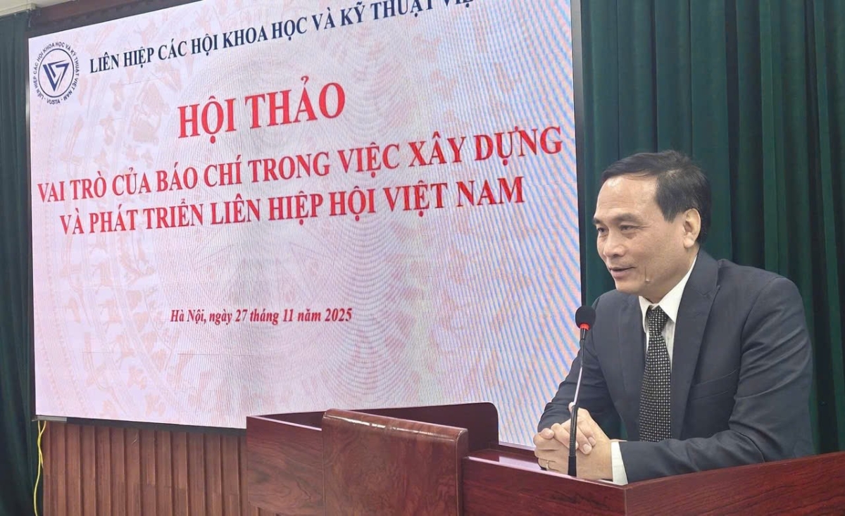 PGS.TS. Phạm Ngọc Linh, Phó Chủ tịch Liên hiệp các Hội Khoa học và Kỹ thuật Việt Nam phát biểu tại hội thảo.