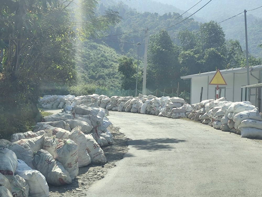 Sắn được đóng vào những bao tải để điểm tập kết đế thương lái đến thu mua