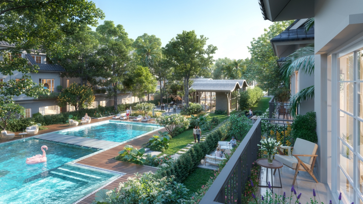 Central Island với bể bơi bốn mùa phục vụ riêng cư dân biệt thự đảo. Ảnh: ECP.