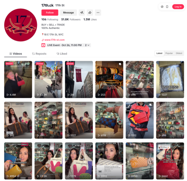 17th Street đã bán gần 1.000 túi xách hàng hiệu thông qua TikTok.