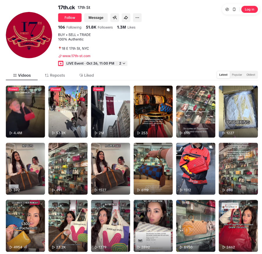 17th Street&nbsp;đã bán gần 1.000 túi xách hàng hiệu thông qua TikTok.