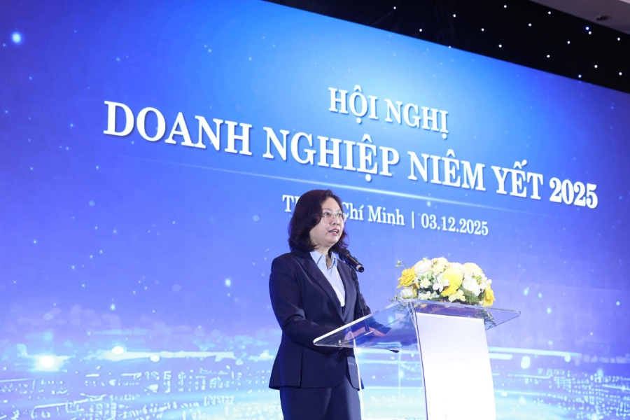 Bà Vũ Thị Chân Phương, Chủ tịch Ủy ban Chứng khoán Nhà nước (UBCKNN) phát biểu tại sự kiện.