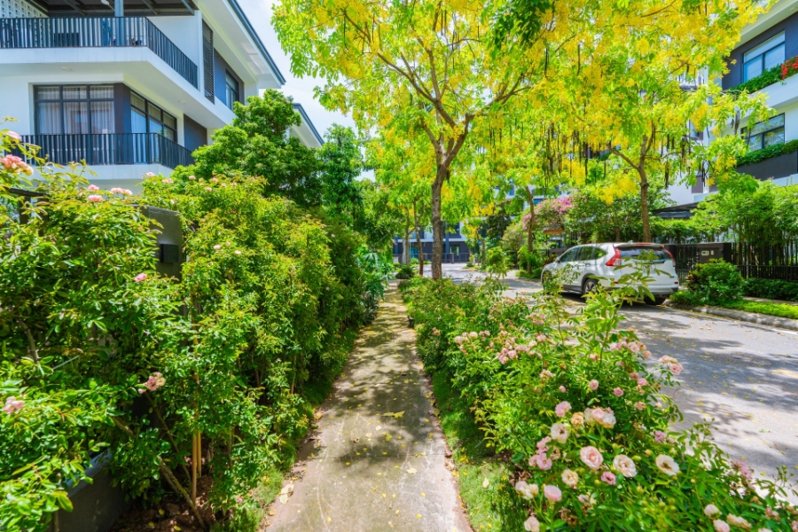 Không gian sống an lành, nhiều hoa và cây xanh tại dự án.