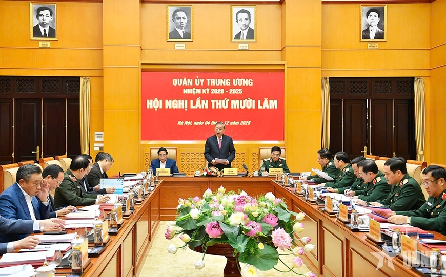 Tổng Bí thư Tô Lâm, Bí thư Quân ủy Trung ương chủ trì hội nghị. Ảnh: QĐND