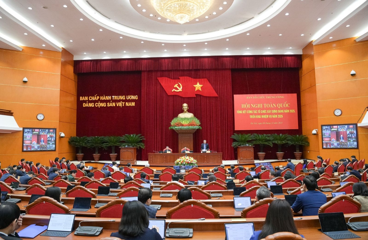 Quang cảnh Hội nghị toàn quốc tổng kết công tác tổ chức xây dựng Đảng năm 2025 và triển khai nhiệm vụ năm 2026. Ảnh: ĐCS