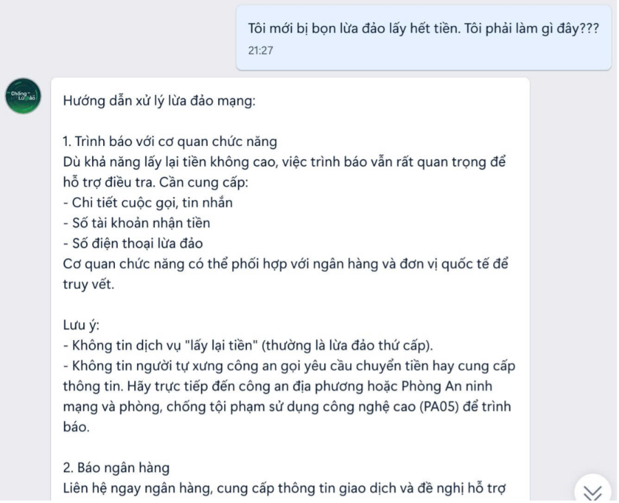 Chatbot có thể hỗ trợ, hướng dẫn người bị hại ngay trong khung chat.