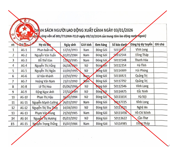 Văn bản giả mạo con dấu của Bộ Nội vụ. Ảnh: Trung tâm Lao động ngoài nước.