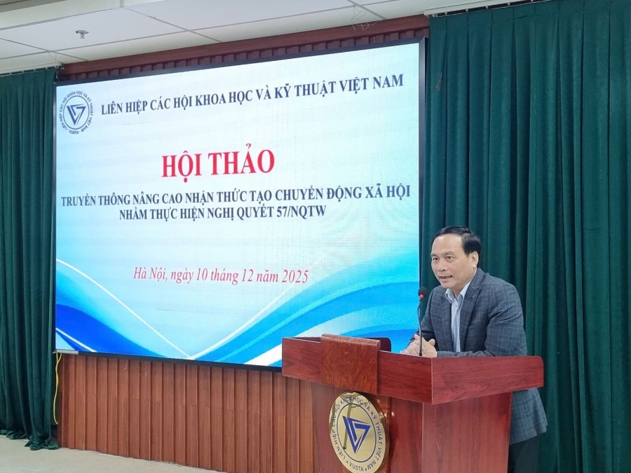 PGS.TS Phạm Ngọc Linh, Phó Chủ tịch Liên hiệp các Hội Khoa học và Kỹ thuật Việt Nam, thông tin về hoạt động tuyên truyền thực hiện Nghị quyết 57.