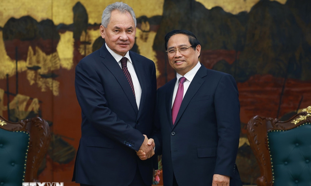 Thủ tướng Phạm Minh Chính tiếp Đại tướng Sergei Shoigu, Thư ký Hội đồng An ninh Liên bang Nga. Ảnh: TTXVN.