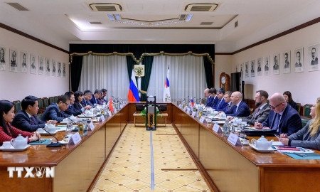 Đoàn đại biểu Việt Nam do Phó Thủ tướng Hồ Đức Phớc dẫn đầu làm việc với Bộ Tài chính Liên bang Nga. Ảnh TTXVN