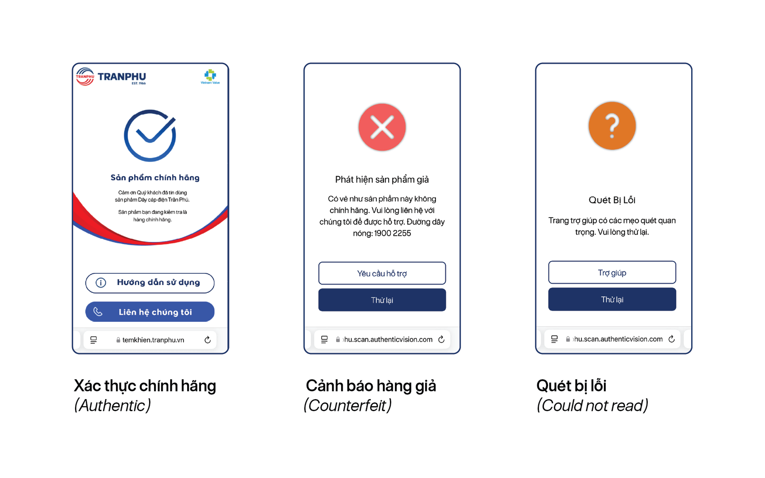 Kết quả trả về khi kiểm tra sản phẩm dây cáp điện Trần Phú – TRAFUCO thông qua tem khiên.