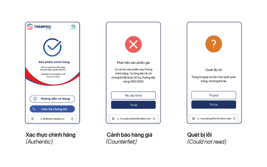 Kết quả trả về khi kiểm tra sản phẩm dây cáp điện Trần Phú – TRAFUCO thông qua tem khiên.