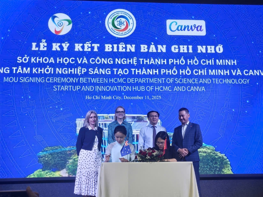 Sở Khoa học và Công nghệ TP.HCM và Canva – kỳ lân công nghệ đến từ bang New South Wales (Australia) đã ký kết thỏa thuận hợp tác chiến lược nhằm nâng cao năng lực sáng tạo số cho cộng đồng địa phương. Ảnh: Như Quỳnh