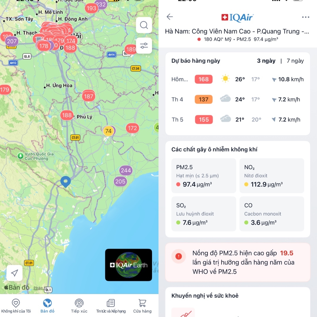 Ngày 9/12/2025, trạm quan trắc tại Công viên Nam Cao, phường Phủ Lý ghi nhận chỉ số AQI Ở mức 180 (Đỏ), với nồng độ bụi mịn PM2.5 cao gấp gần 20 lần khuyến cáo của WHO. (Nguồn: IQAir)