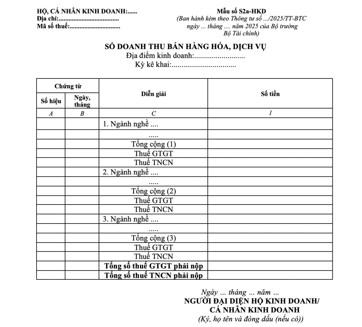 Sổ chi tiết doanh thu bán hàng hóa, dịch vụ&nbsp;(mẫu số S2a-HKD)