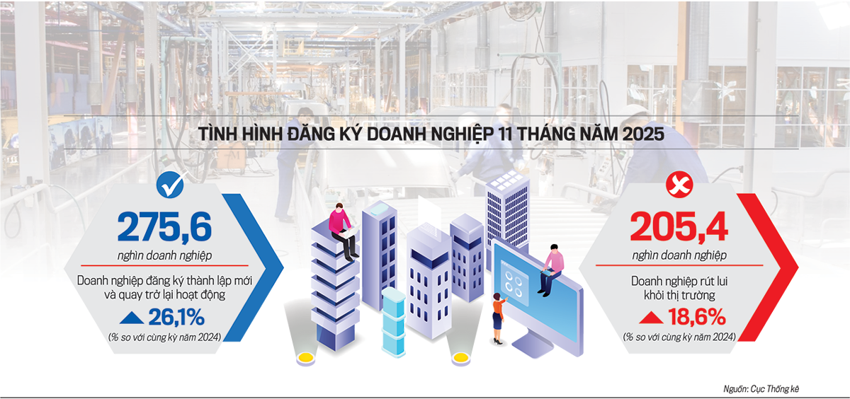 Tình hình đăng ký doanh nghiệp 11 tháng năm 2025.