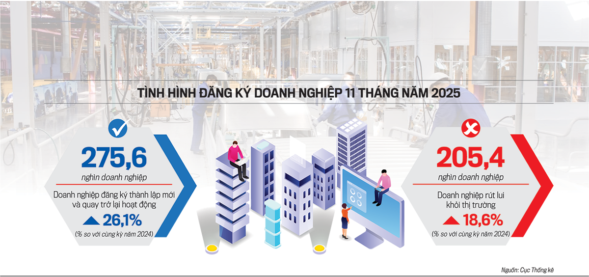 Tình hình đăng ký doanh nghiệp 11 tháng năm 2025.