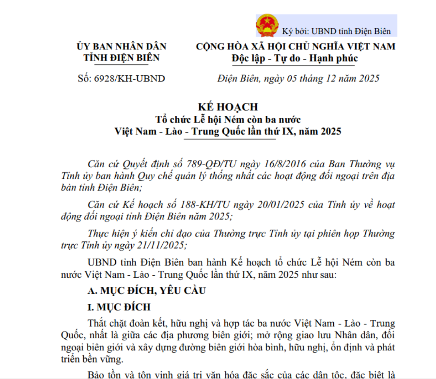 Bản Kế hoạch tổ chức Lễ hội Ném còn của UBND tỉnh Điện Biên.