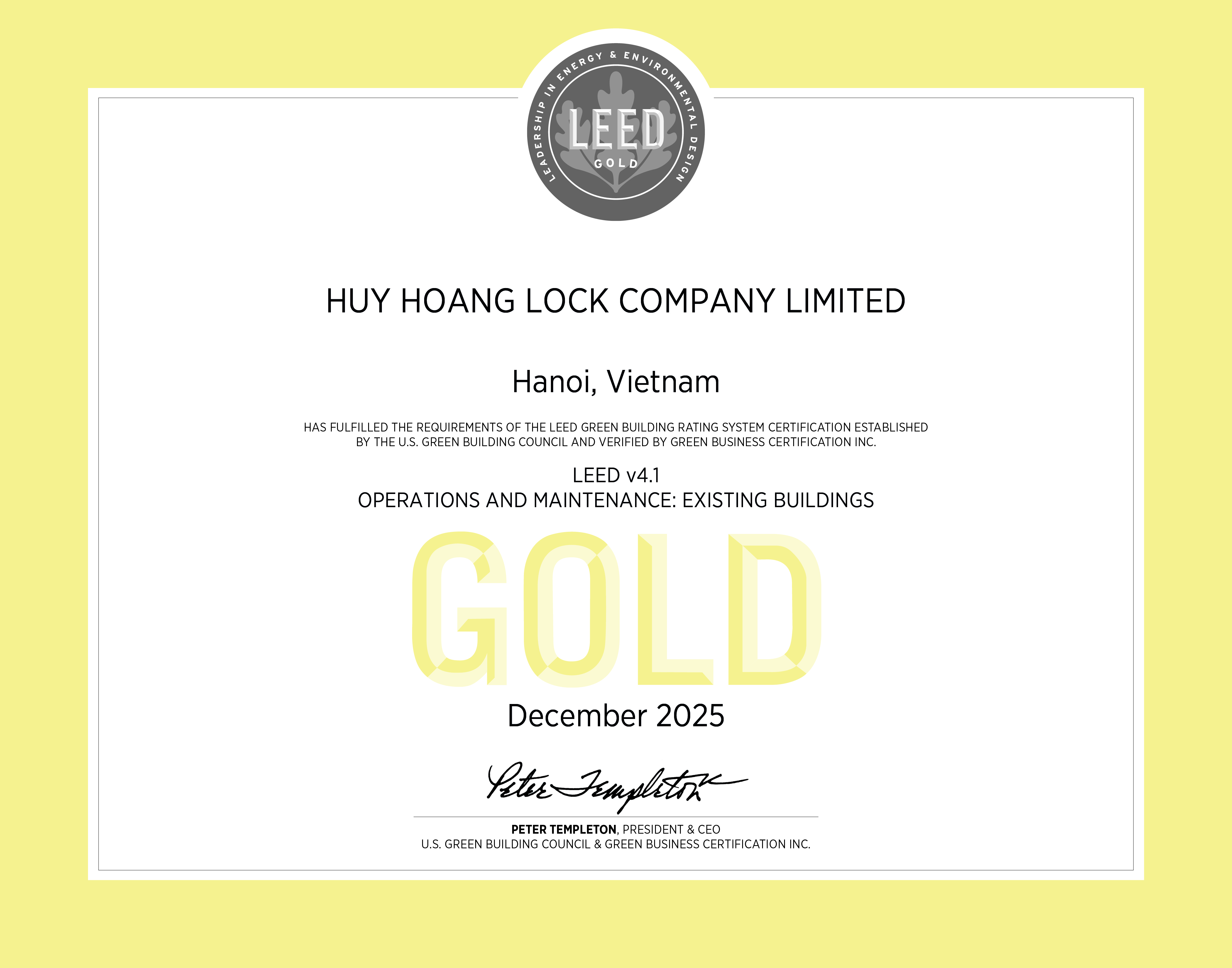 Nhà máy Khóa Huy Hoàng đạt chứng chỉ LEED Gold, đáp ứng các tiêu chuẩn sản xuất quốc tế.