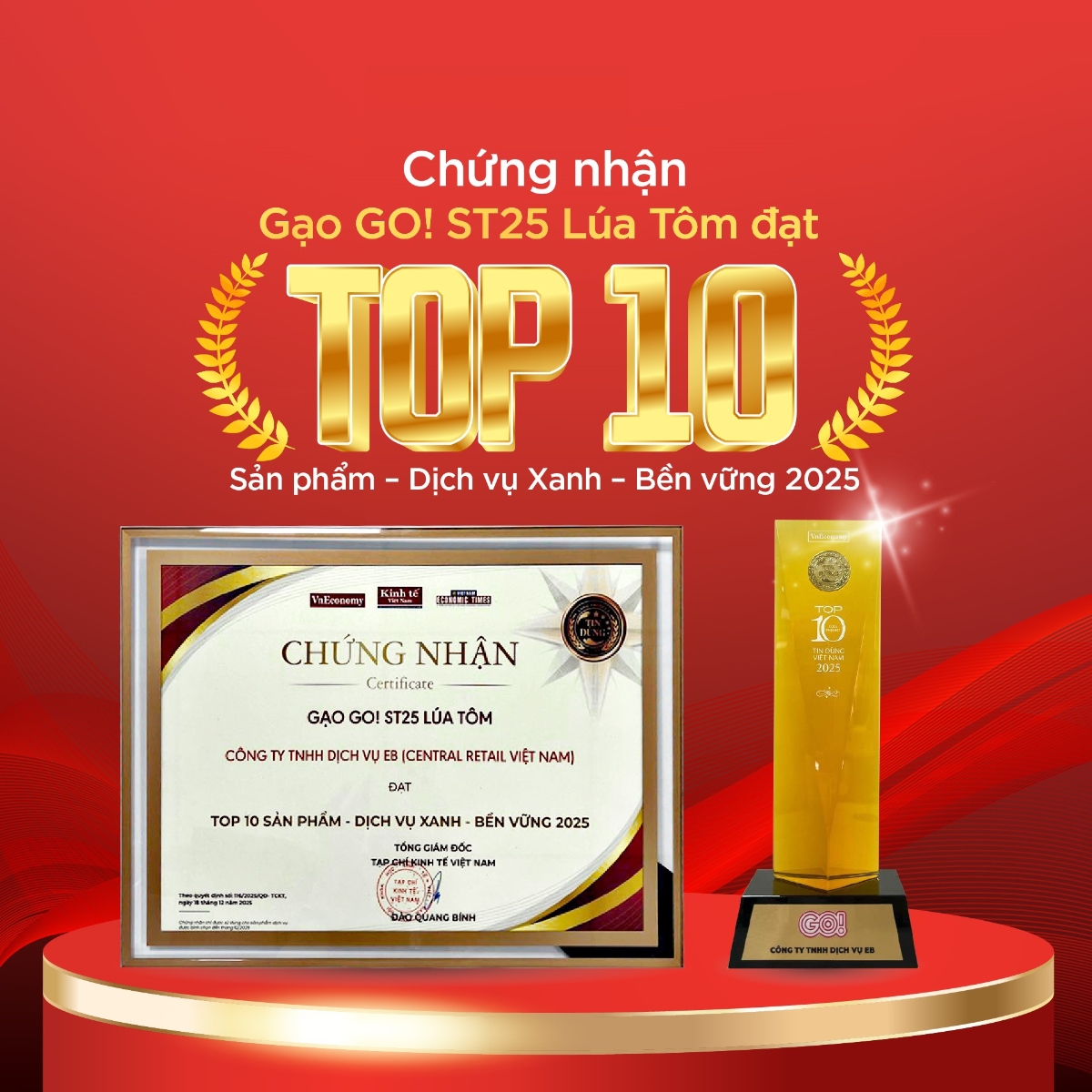 Chứng nhận Gạo GO! ST25 Lúa Tôm đạt Top 10 Sản phẩm - Dịch vụ xanh - Bền Vững 2025.