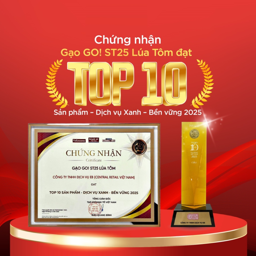 Chứng nhận Gạo GO! ST25 Lúa Tôm đạt Top 10 Sản phẩm - Dịch vụ xanh - Bền Vững 2025.