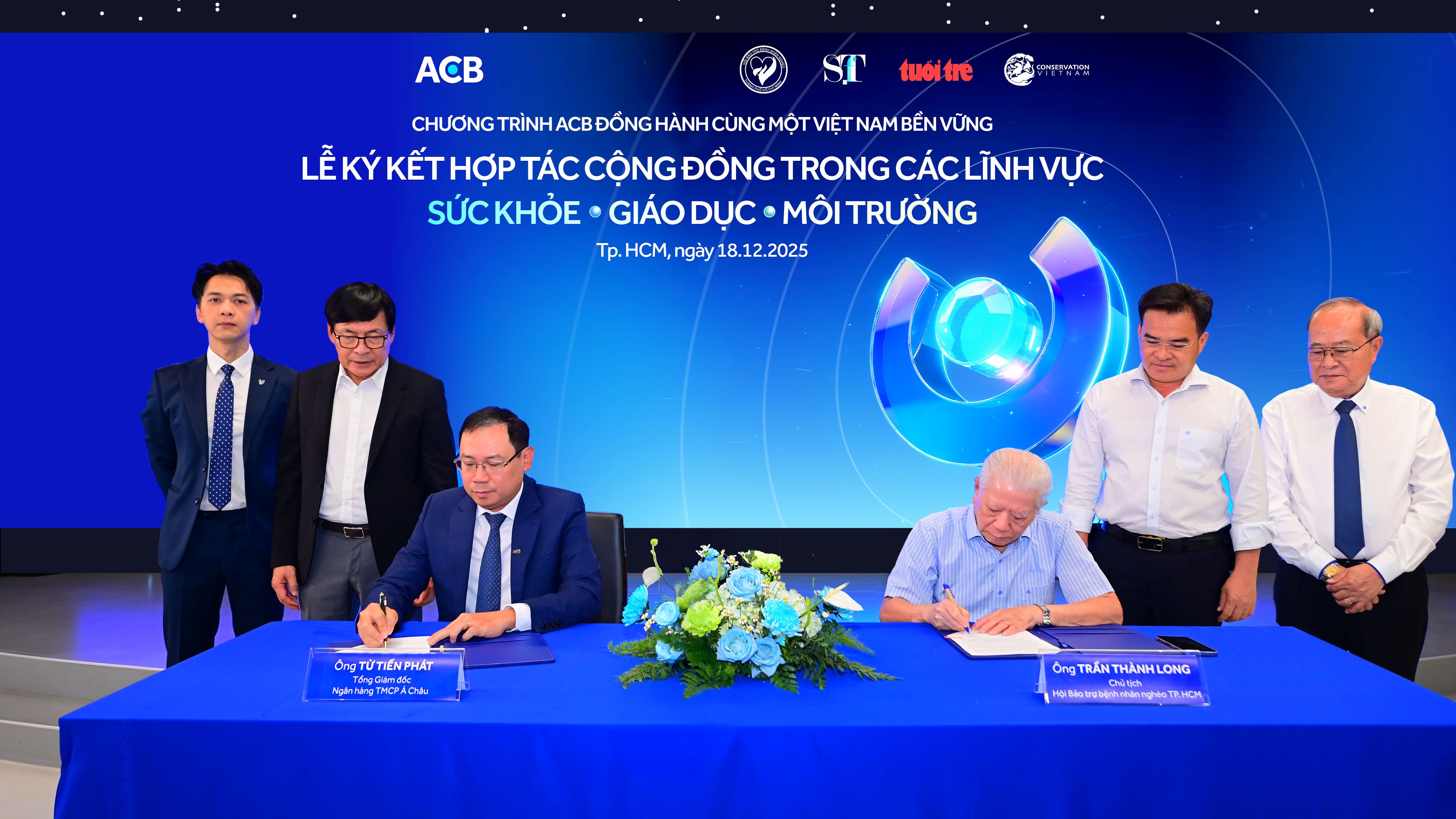 Ông Từ Tiến Phát - Tổng Giám đốc ACB và ông Trần Thành Long - Chủ tịch Hội Bảo trợ Bệnh nhân nghèo TP.HCM đại diện ký kết hợp tác.