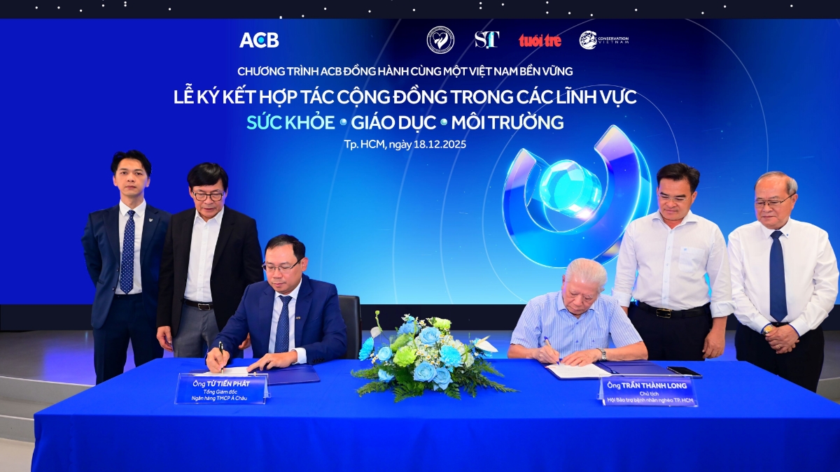 Ông Từ Tiến Phát - Tổng Giám đốc ACB và ông Trần Thành Long - Chủ tịch Hội Bảo trợ Bệnh nhân nghèo TP.HCM đại diện ký kết hợp tác.